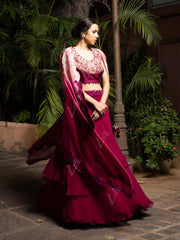 Maroon Embroidered Top and Cape with tiered Skirt Set