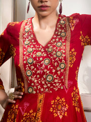 Red Vasansi Silk Printed Anarkali Gown