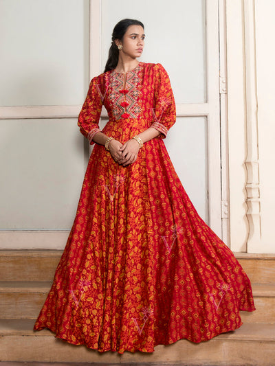 Red Vasansi Silk Printed Anarkali Gown