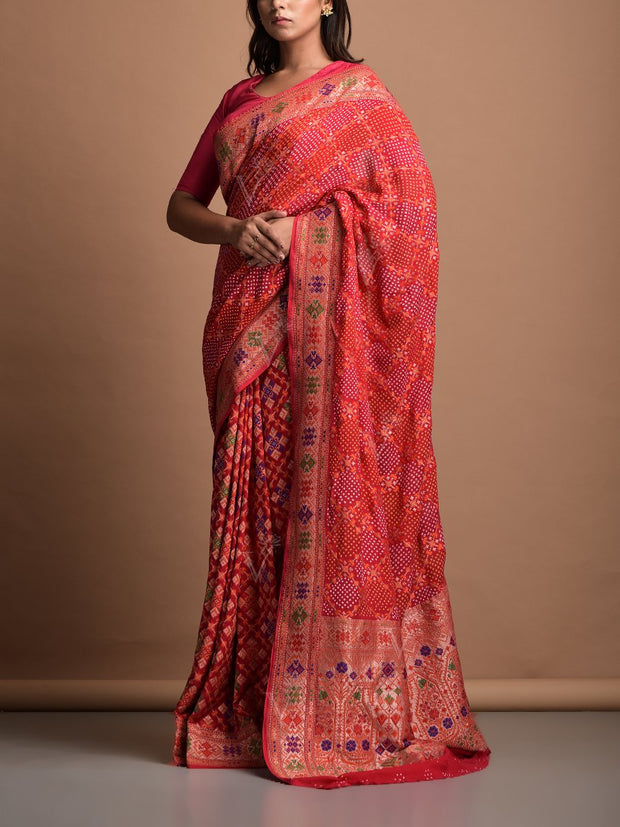 Red Georgette Bandhani Zari Saree