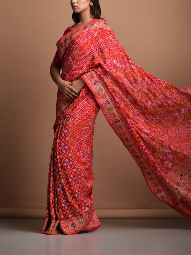 Red Georgette Bandhani Zari Saree