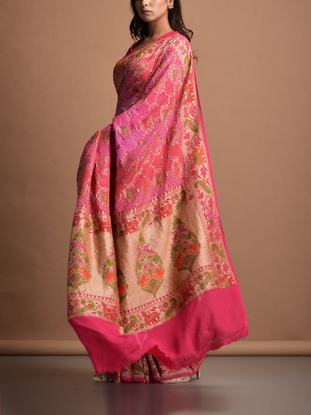 Pink Georgette Bandhani Zari Saree