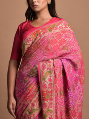 Pink Georgette Bandhani Zari Saree