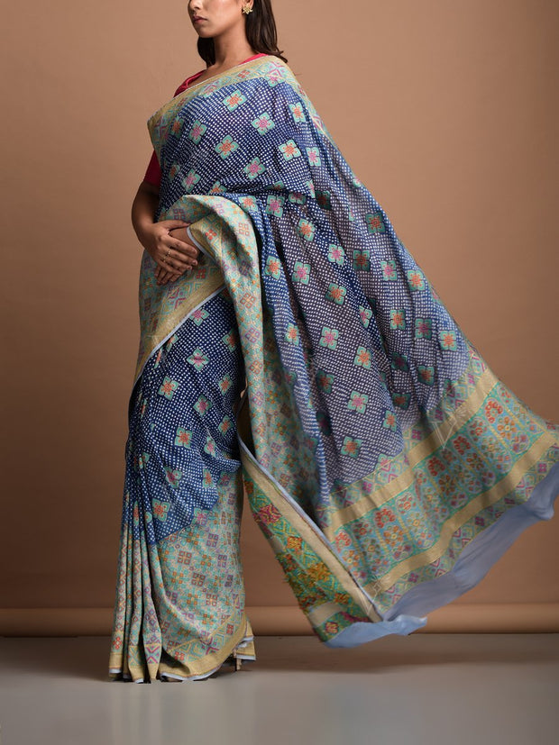 Blue Georgette Bandhani Zari Saree