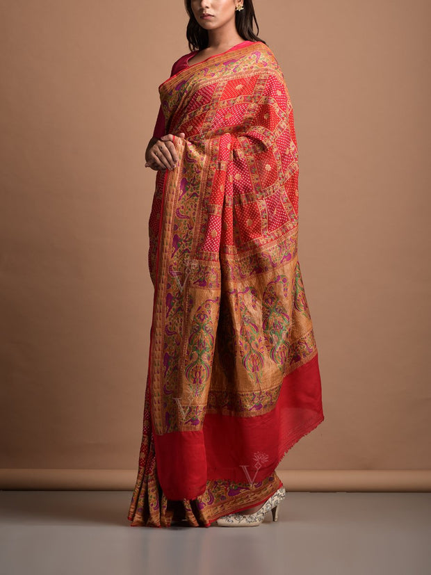 Red Georgette Bandhani Zari Saree