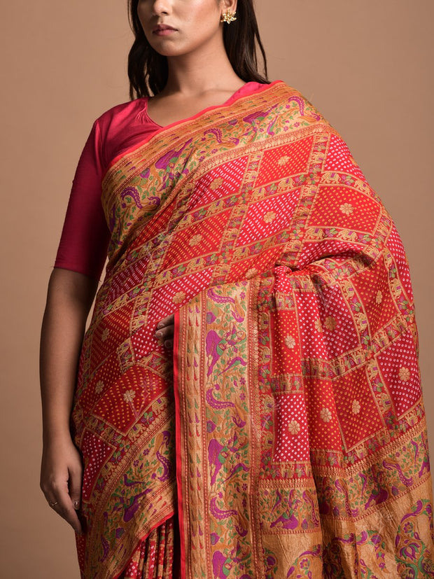 Red Georgette Bandhani Zari Saree