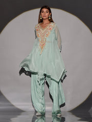 Green Organza Asymmetric Kurta and Dhoti Pant Set