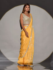 Yellow Satin Silk Drape Saree