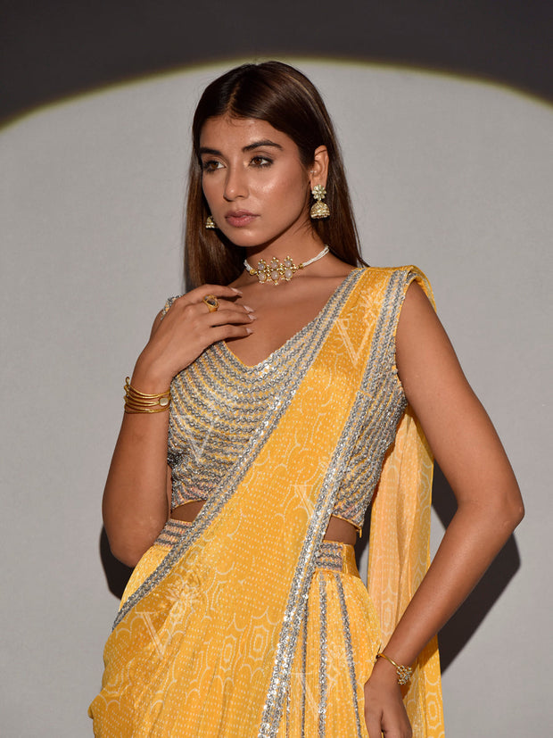 Yellow Satin Silk Drape Saree