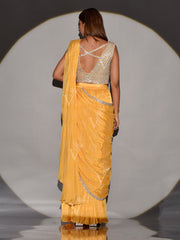 Yellow Satin Silk Drape Saree