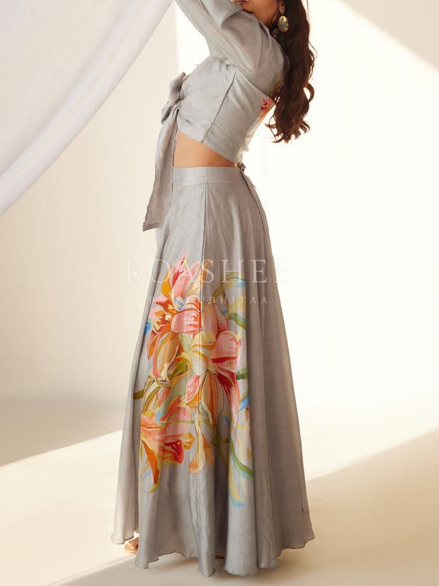 Mist Grey Front Knot Top And Palazzo Set