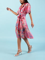 Pink Printed Summer Silk Midi Dress