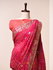 Ruby Pink Bandhni Gotta patti Saree