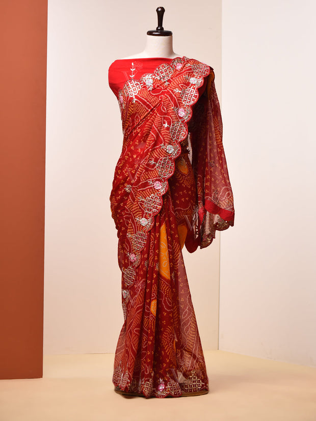 Maroon Gotta Patti Bandhni Saree