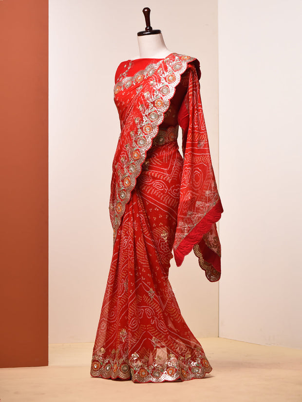 Candy Red Gotta Patti Bandhni Saree