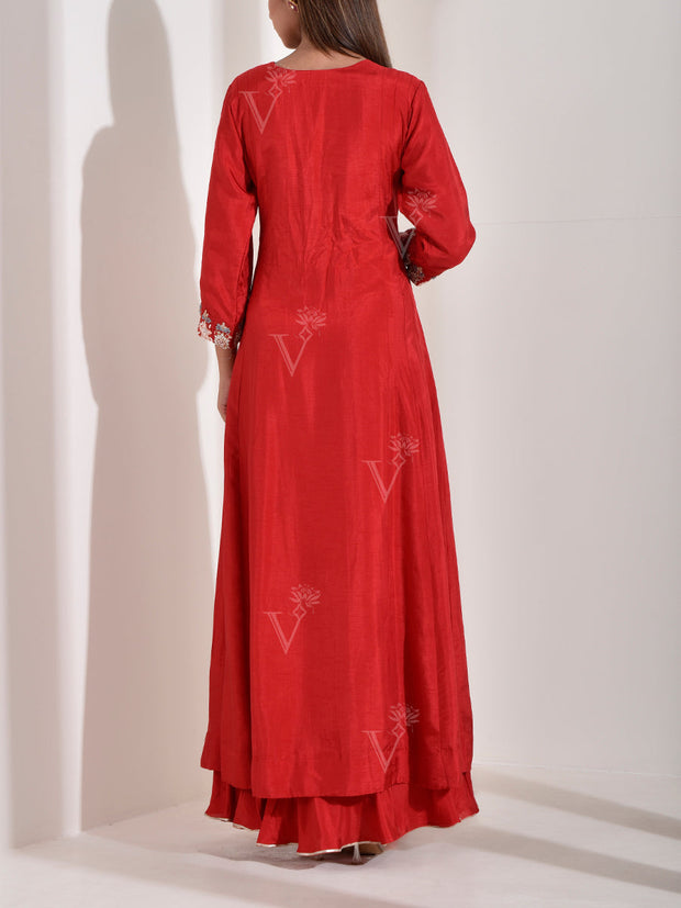 Red Embroidered Dola Silk Gown