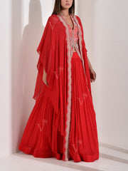 Red Embroidered Georgette Cape, Skirt and Jacket Set