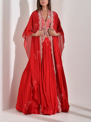 Red Embroidered Georgette Cape, Skirt and Jacket Set