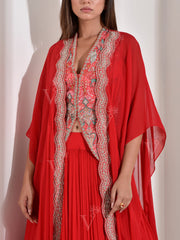 Red Embroidered Georgette Cape, Skirt and Jacket Set