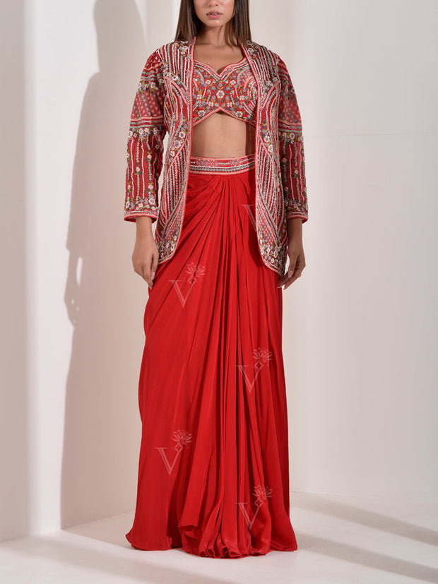 Red Embroidered Organza Jacket and Drape Skirt Set