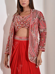 Red Embroidered Organza Jacket and Drape Skirt Set