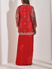 Red Embroidered Organza Jacket and Drape Skirt Set