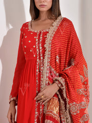 Red Georgette Kurta and Skirt with Bandhani Dupatta