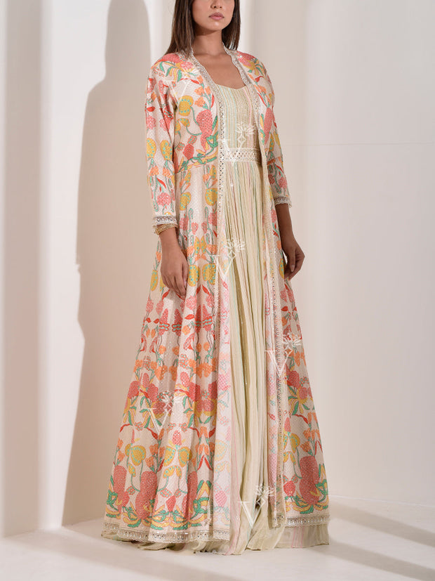 Off White Wrinkle Crepe Gown with Long Jacket