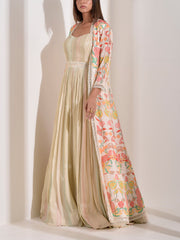 Off White Wrinkle Crepe Gown with Long Jacket