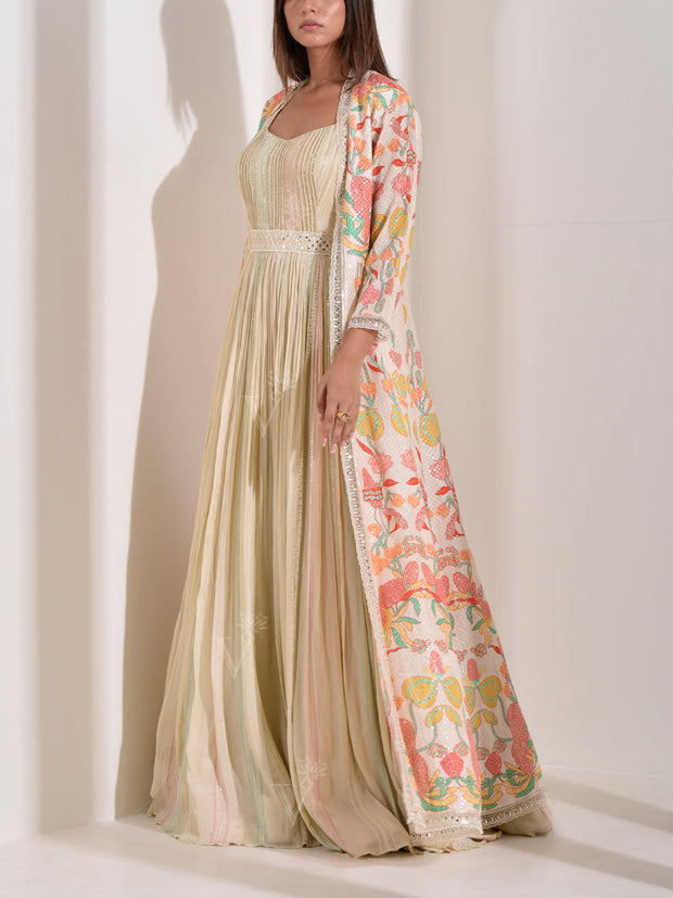 Off White Wrinkle Crepe Gown with Long Jacket