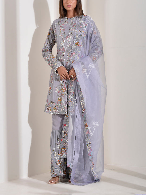 Grey Embroidered Kurta and Sharara Set