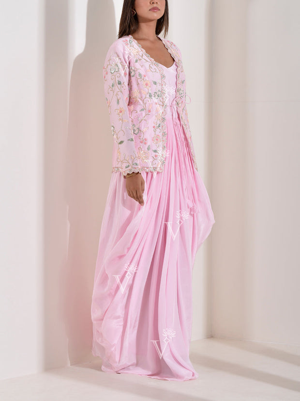 Light Pink Drape Gown wit Embroidered Jacket Set