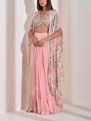 Pink Crepe Embroidered Top and Jacket with Drape Skirt Set