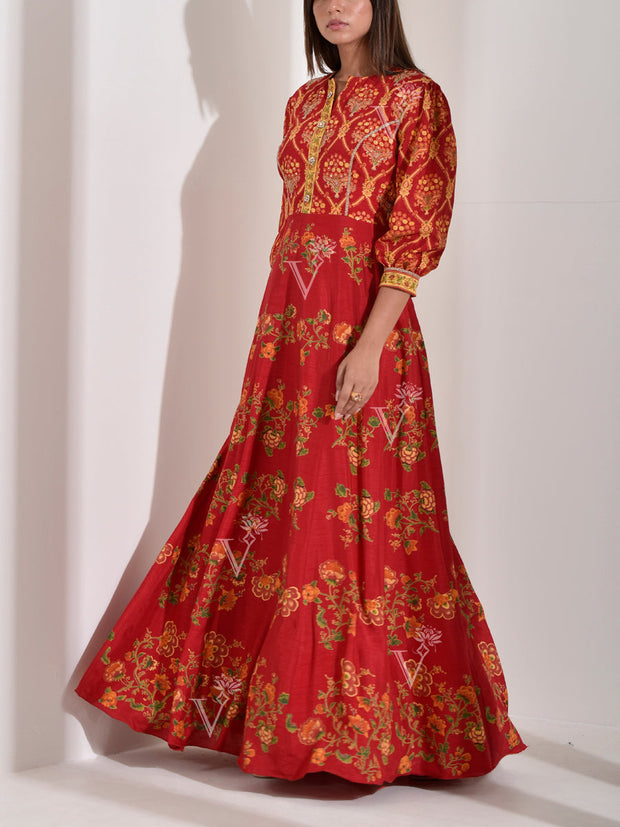 Red Vasansi Silk Printed Anarkali Gown