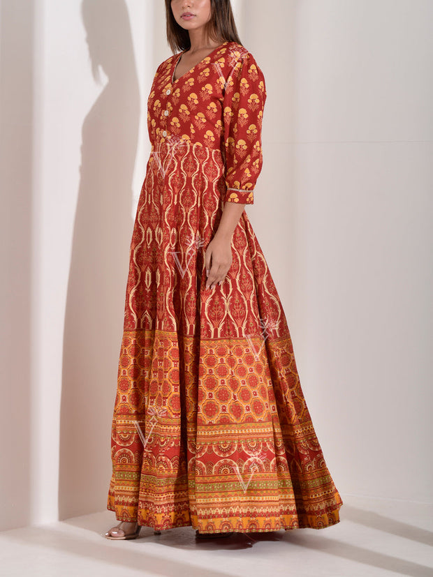 Red Vasansi Silk Printed Anarkali Gown