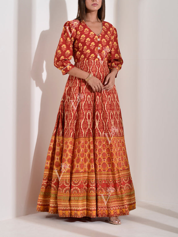 Red Vasansi Silk Printed Anarkali Gown