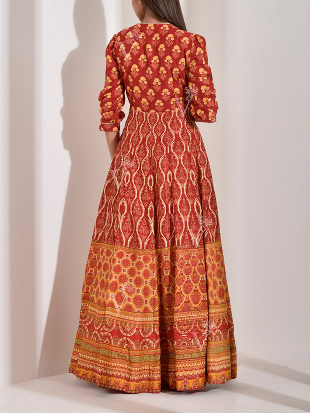 Red Vasansi Silk Printed Anarkali Gown