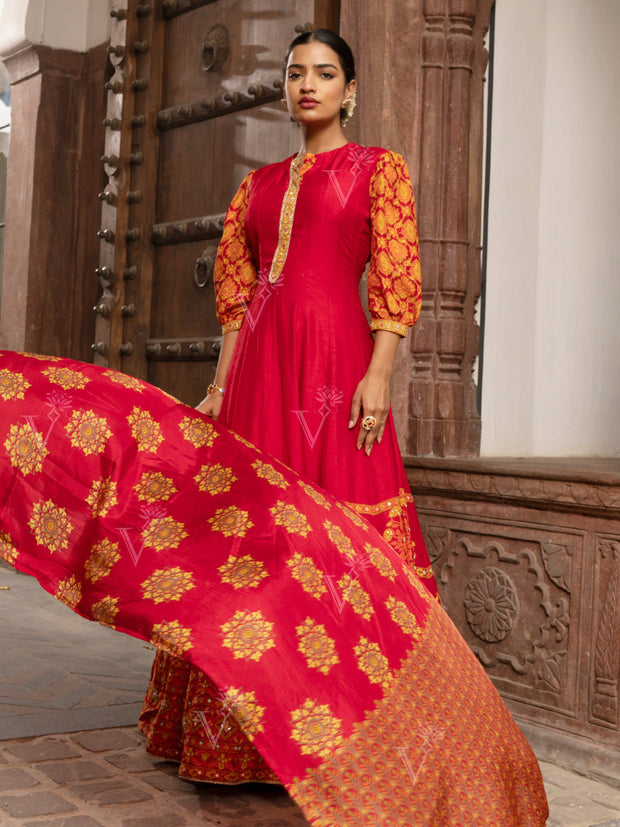 Red Vasansi Silk Printed Anarkali Gown with Dupatta