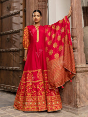 Red Vasansi Silk Printed Anarkali Gown with Dupatta