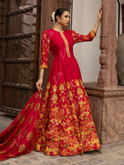 Red Vasansi Silk Printed Anarkali Gown with Dupatta