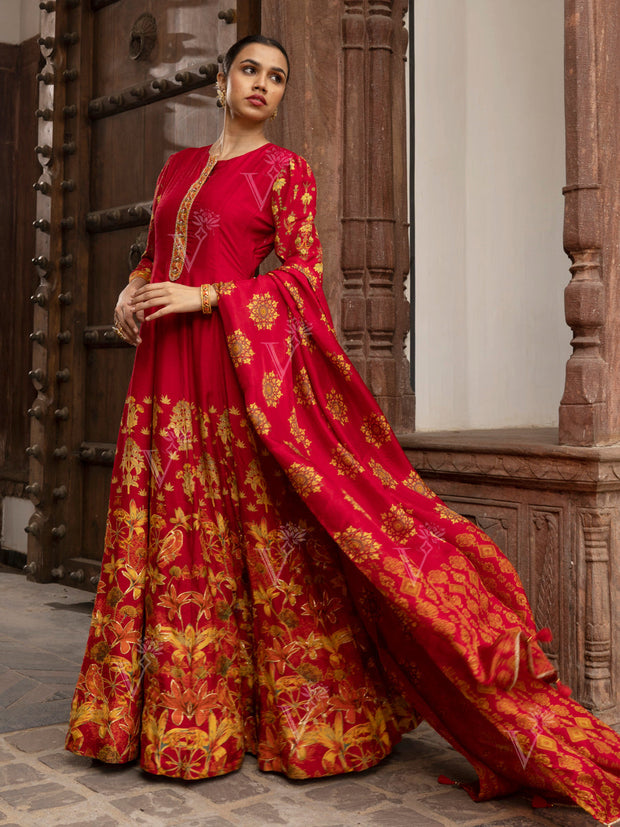 Red Vasansi Silk Printed Anarkali Gown with Dupatta