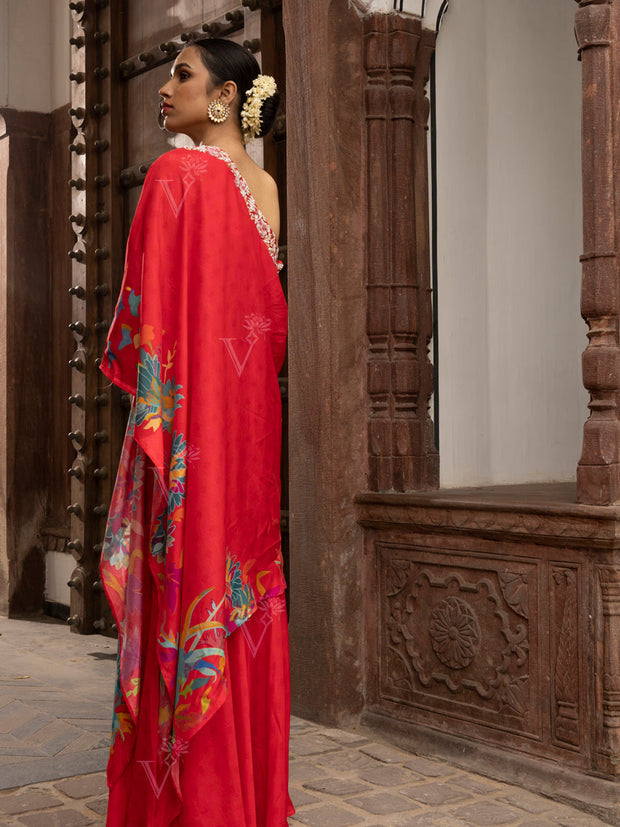 Alluring Red One Shoulder Asyemmetric Top and Sharara