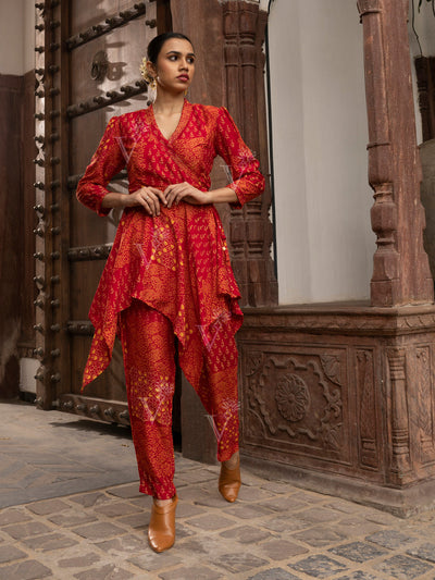 Red Vasansi Silk Asymmetric Top and Pant Set