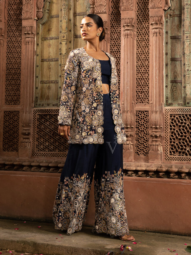 Blue Silk Embroidered Jacket with top and Palazzo Set