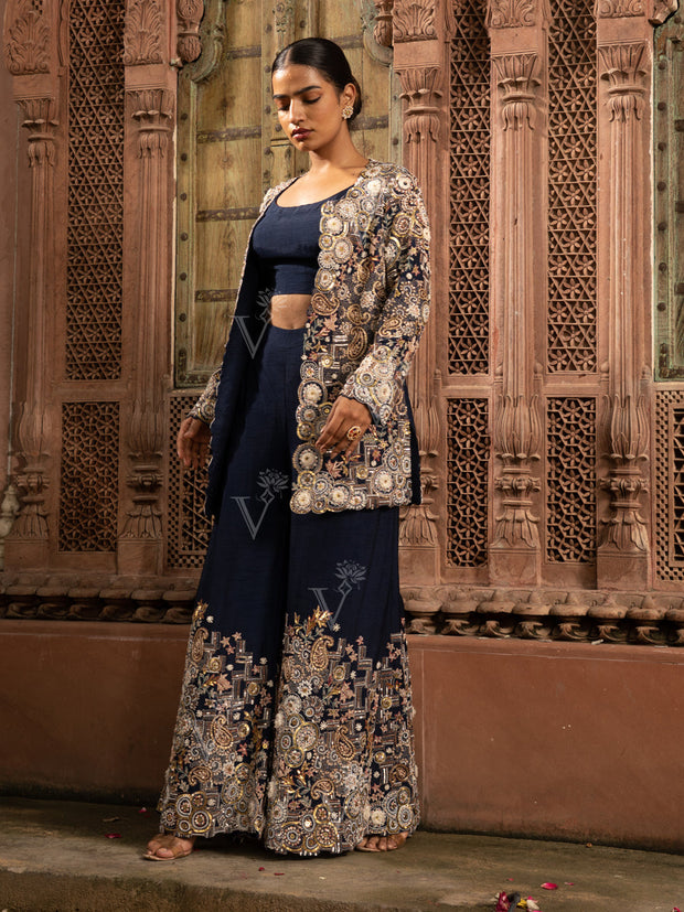 Blue Silk Embroidered Jacket with top and Palazzo Set