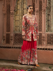 Red Silk Embroidered Jacket with top and Palazzo Set