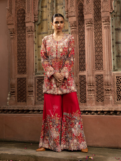 Red Silk Embroidered Jacket with top and Palazzo Set