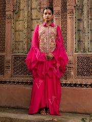 Pink Embroidered Tiered Jacket with top and Drape skirt Set