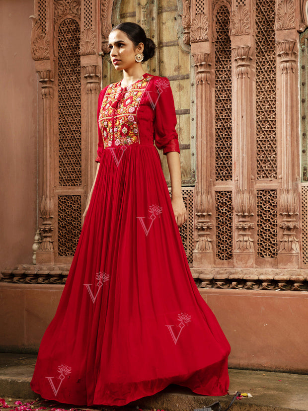 Red Georgette Embroidered Gown