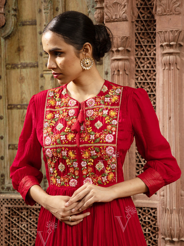 Red Georgette Embroidered Gown